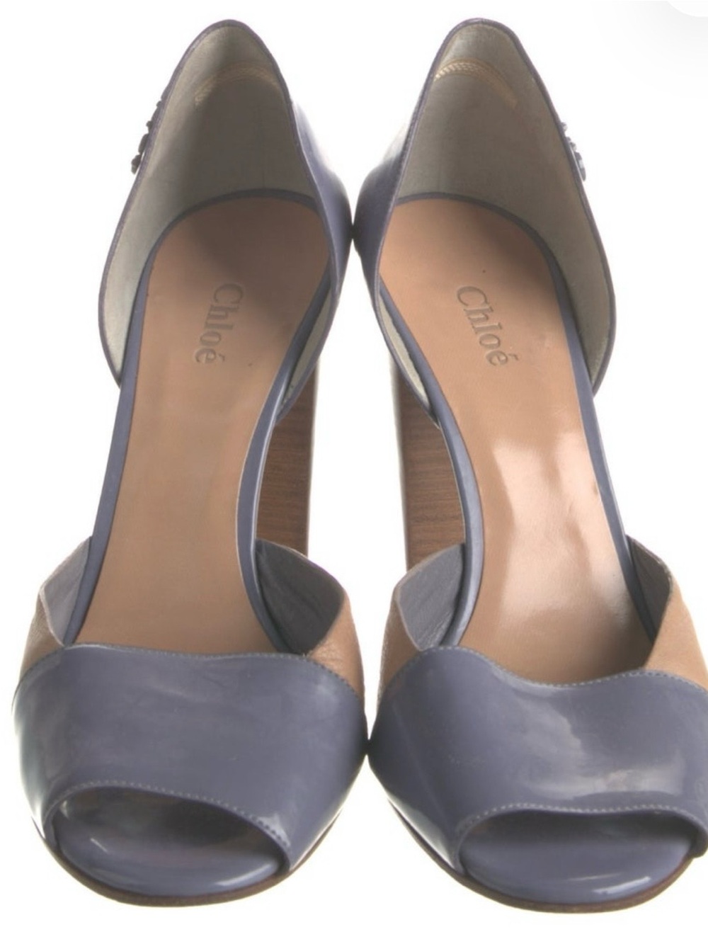 Chloรฉ Two-Tone Blue and Tan Open-Toe Heels